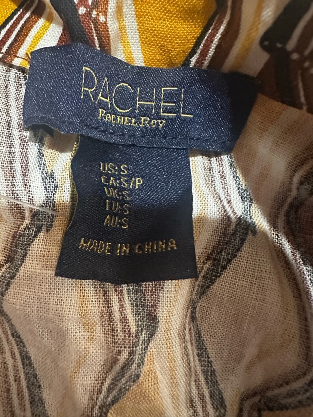 New RACHEL Rachel Roy Yellow and Brown Geometric Wrap Linen Top Tie Waist S NWOT - Picture 4 of 8